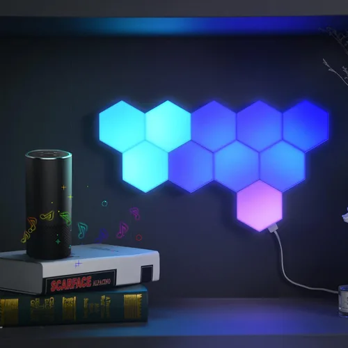 Vista 6 de Yescom Paquete de 10 luces LED hexagonales con control de aplicación, WiFi, luz hexagonal de pared, sala de juegos, decoración de dormitorio