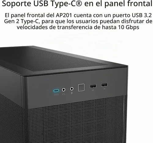 Vista 7 de Cajas de PC ASUS Prime AP201 de 33 litros Micro ATX color negro con paneles laterales sin herramientas y malla de filtro cuasi, con soporte