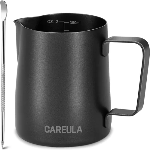 Vista 13 de Jarra de espuma de leche, taza espumadora de leche de acero inoxidable de 12 onzas, jarra de vapor para barra de café, capuchino, accesorios para A0