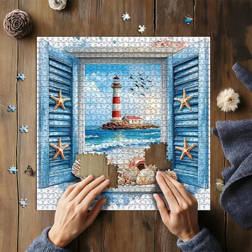 Vista 5 de PICKFORU Rompecabezas de playa para adultos de 1000 piezas, rompecabezas de faro con arte de ventana 3D y conchas marinas, rompecabezas únicos