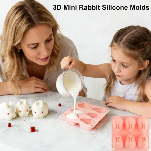 Vista 2 de Moldes 3D de silicona para cubitos de hielo de conejo, 2 moldes de resina de silicona en forma de conejo para mousse, fondant y helado, 6 cavidades