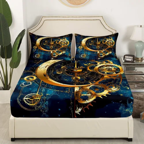 Vista 3 de Manfei Gears - Sábana bajera ajustable tamaño individual, funda de cama dorada con 1 funda de almohada, estilo steampunk, 2 piezas para decoración