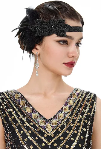 Vista 2 de BABEYOND - Accesorios estilo 1920s, Set de accesorios para disfraz Gatsby de los años 20s, diadema Flapper, collar de perlas, guantes, soporte