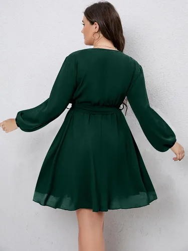 Vista 5 de SCOMCHIC Vestido de talla grande para mujer, manga larga, cuello en V, lazo en la cintura, volantes, acampanado, mini vestidos cortos con vuelo