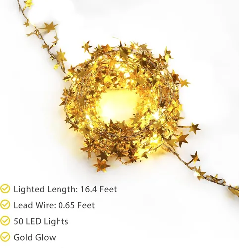 Vista 3 de Guirnalda de luces doradas con forma de estrella, funciona con pilas, 1 paquete de mini cable plateado con estrellas de PVC, luces LED