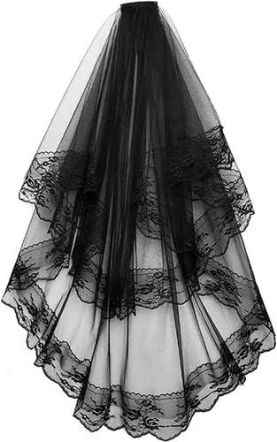 Vista 2 de TOPOQ Velo negro y guantes, velo de boda negro con peine velo funerario, disfraz de Halloween, velo para fiesta de cosplay