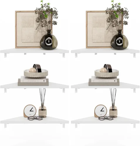 Vista 10 de Furinno Rossi - Estantes flotantes hexagonales para pared, juego de 2 estantes geométricos de esquina, estantes montados en la pared para baño, Pino