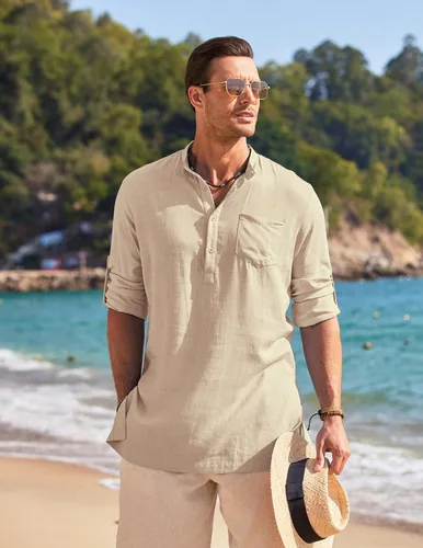 Vista 3 de COOFANDY Camisas Henley de lino para hombre, manga larga, ajuste regular, camisetas de playa Kurta con bolsillo