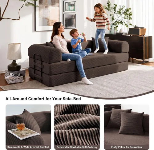 Vista 7 de Sofá cama convertible de 79 pulgadas, sofá futón sin hueso para sala de Marrón