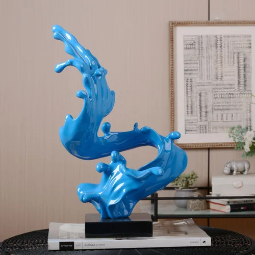 Vista 2 de HAUCOZE - Estatuilla abstracta de olas marinas para decoración del hogar, 16.1 pulgadas Blue Resin Handmade Statue with Black Base Fashion Gift
