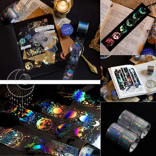 Vista 5 de 4 rollos de cinta holográfica vintage holográfica de mariposa astronomía PET adhesivos de resina impermeables transparentes brillantes