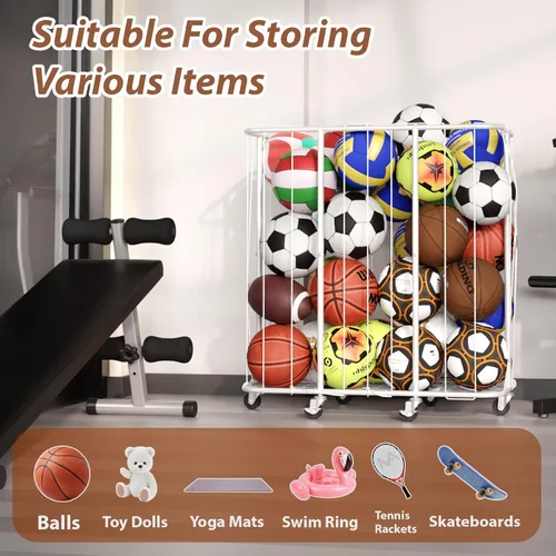 Vista 5 de YKDIRECT Organizador de bolas rodantes de 250L con ruedas de bloqueo, cesta de almacenamiento grande para baloncesto, fútbol, fútbol, voleibol