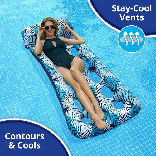 Vista 4 de Aqua - Flotador inflable con contorno de 18 bolsillos, tela de lujo, flotador de piscina para sentarse al sol, alta resistencia, color helechos