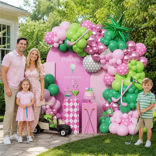 Vista 6 de Kit de arco de guirnalda de globos con agujero en uno para el primer Enana - 153 globos de color rosa y verde con palos de golf de estrellas