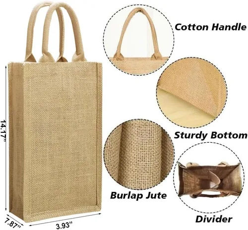 Vista 4 de Bolsa de vino de yute doble Dou con asas de algodón suave para 2 botellas Bolso reutilizable de yute natural para bodas, fiestas, regalos