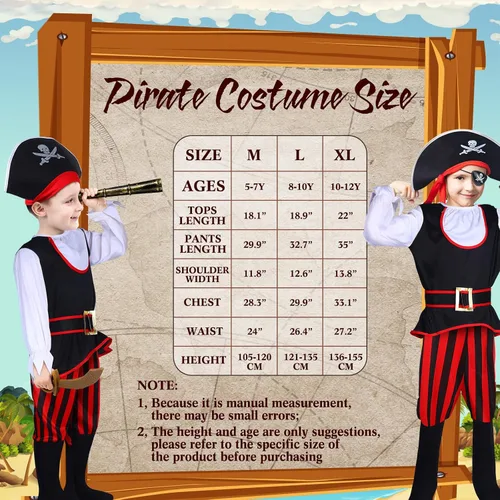 Vista 3 de Hillban Disfraz de pirata para niños, juego de rol, vestido de pirata, suministros de fiesta de cumpleaños, accesorios y juguetes para fiestas