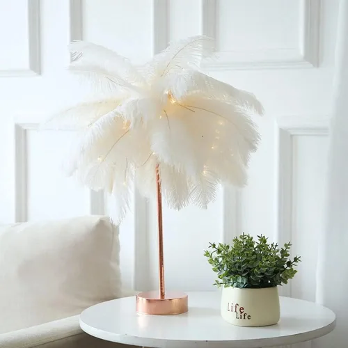 Vista 2 de Lámpara de mesa de árbol de plumas para dormitorios, lámpara de noche LED con interruptor táctil, lámpara de oro rosa, carga USB para guardería