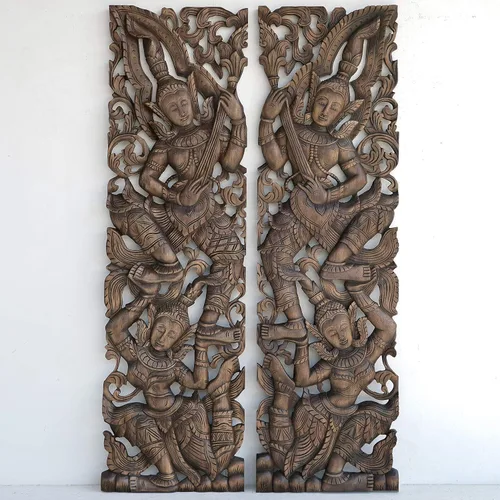 Vista 2 de Paneles de madera de músicos esculpidos a mano tailandeses, figuras de decoración del hogar, hechas de madera de teca recuperada, Chiang Mai