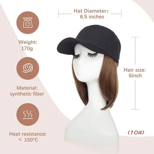 Vista 3 de SEGO Gorra de béisbol con extensiones de cabello para mujer, resistente al calor, sintético, 6 pulgadas, ajustable, corta, recta, peluca de repuesto