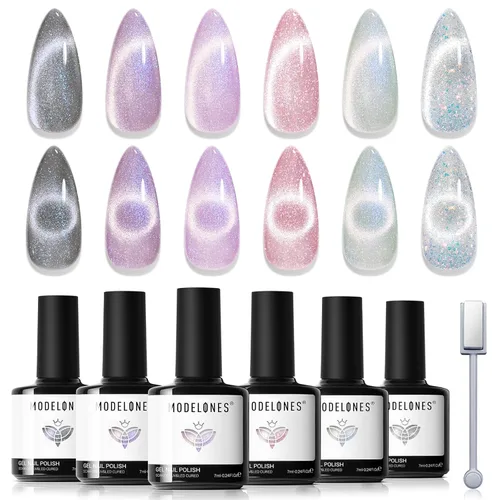 Vista 16 de modelones - Juego de 6 esmaltes en gel con efecto de ojo de gato cristalino, holográfico 9D, brillantina, negro, azul, morado, verde, con imán