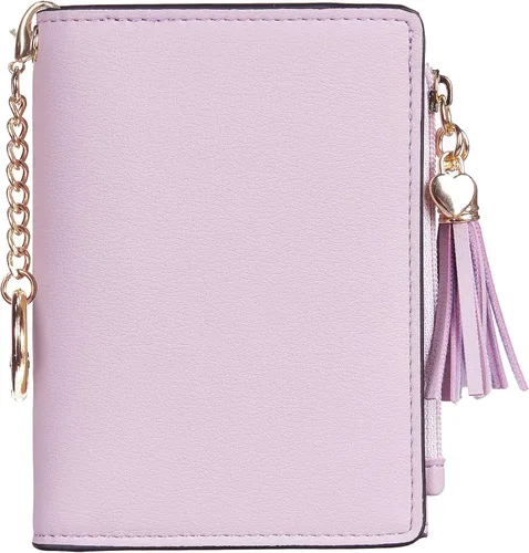 Vista 5 de Gostwo Mini cartera pequeña plegable para mujer con borla y bolsillo con cremallera para monedas, Purple With Key Chain