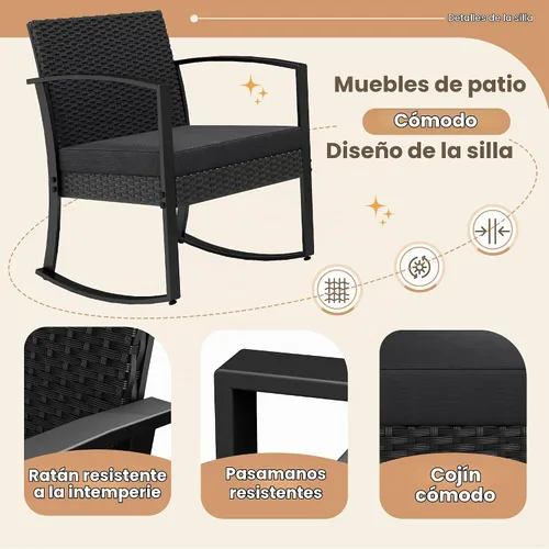 Vista 3 de Greesum Juego de muebles de exterior de 3 piezas para patio, bistró, mecedoras con mesa de centro de cristal para piscina, playa, patio, balcón Negro
