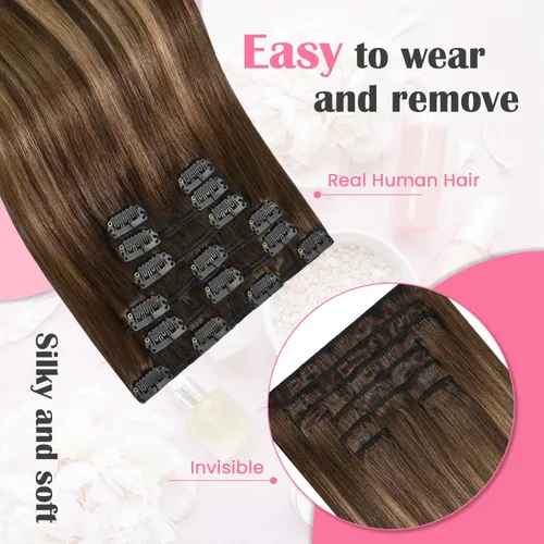 Vista 2 de Aison Extensiones de cabello con clip balayage de cabello humano real, extensiones de cabello ombre 100% de cabello humano para mujer, 12 pulgadas