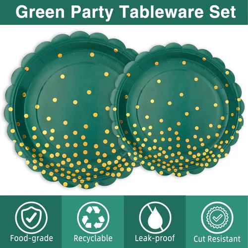 Vista 3 de 175 piezas de decoración de fiesta verde y dorada - Suministros de fiesta con platos y servilletas verdes - Platos de papel festoneados