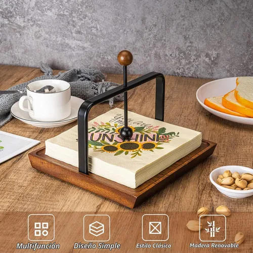 Vista 3 de ALLCENER Servilletero de madera para mesa, decoración rústica de cocina para mostrador, servilletero plano de cóctel con brazo y asa ponderados