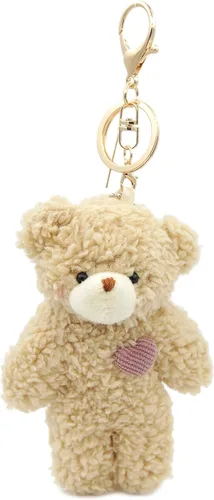 Vista 6 de Llavero de peluche de oso de juguete para niños con corazón morado de 5 pulgadas de peluche, mochila con colgante de regalo para niñas (A-marrón)