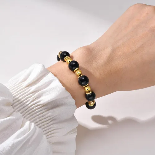 Vista 4 de MengPa Pulseras de cuentas de oro, pulsera de bolas de cuentas de piedra, joyería para mujer