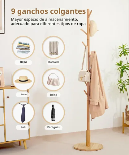 Vista 2 de Cozivolife Perchero de pie, perchero de madera con 9 ganchos y 3 alturas ajustables, abrigo de árbol de madera de haya para dormitorio, oficina