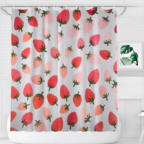 Vista 14 de KOMIKU Juego de cortina de ducha estética de frutas con diseño floral de cereza rosa, decoración de baño de frutas de verano, de poliéster, lona