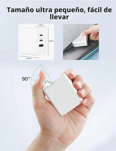 Vista 5 de Bloque de cargador USB C de 65 W, bloque de carga rápida de 3 puertos GaN de 65 W, cargador de pared rápido tipo C, compatible con todas