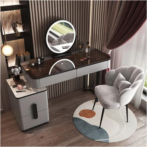 Vista 9 de Tocador de maquillaje, mesa de cristal, tocador, moderno, simple, avanzado, de madera, para dormitorio, almacenamiento, tocador, espejo inteligente