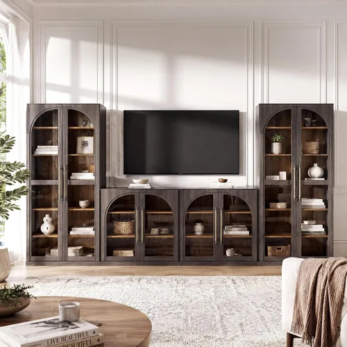 Vista 31 de BELLEZE Centro de entretenimiento modular de 4 piezas con almacenamiento, 2 vitrinas de madera moderna con gabinete arqueado y 2 armarios de puerta