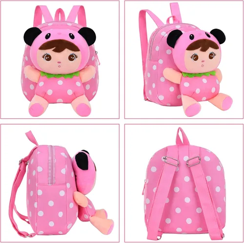 Vista 2 de Suerico - Mochila con muñeca de felpa para niños pequeños, mochila de viaje para bocadillos, para preescolar, al hombro, regalo para niños, Rosa