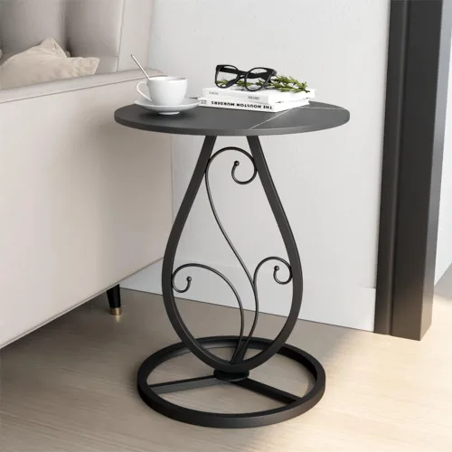 Vista 3 de Mesa auxiliar redonda bohemia para sala de estar, mesas auxiliares de escritorio de mármol natural con base floral de metal minimalista bohemio