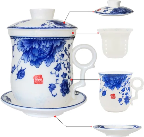 Vista 8 de Taza de té de porcelana con tapa de infusor y juegos de platillos – Taza de café de cerámica china Jingdezhen Taza de té de hoja suelta Sistema