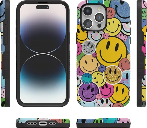 Vista 5 de Funda Casely para iPhone 15 Pro Max Todas las sonrisas Adhesivo de cara sonriente Compatible con MagSafe Diseño protector audaz