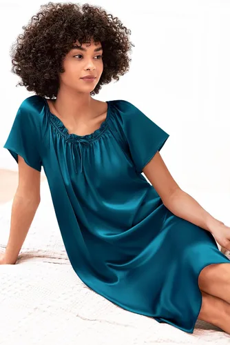Vista 2 de Ekouaer Camisón plisado de seda satinada para mujer, ropa de dormir suelta, camisón estampado de manga corta