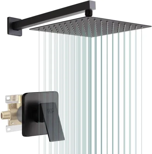 Vista 19 de Conjunto de llave de regadera color negro mate, sistema de regadera de lluvia para baño con cabezal de regadera de metal de acero inoxidable, kit