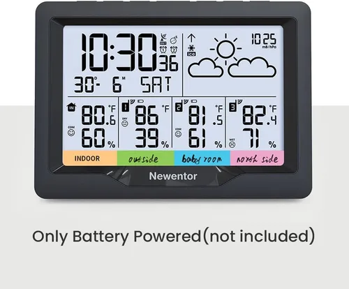 Vista 6 de Newentor Estación meteorológica inalámbrica para interiores y exteriores, múltiples sensores, termómetro digital de reloj atómico, monitor de Negro
