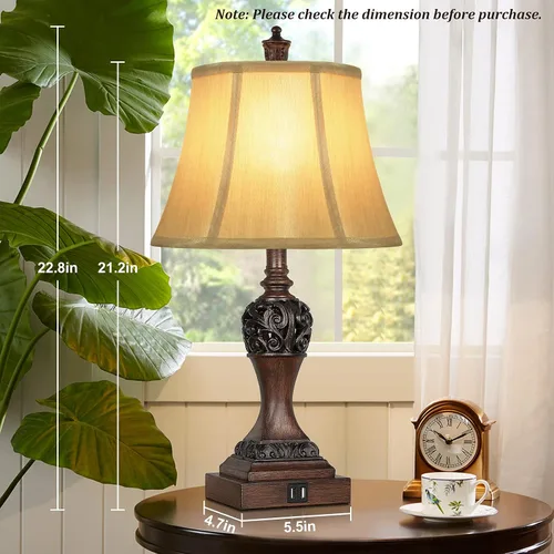 Vista 4 de Juego de 2 lámparas de mesa regulables de 3 vías con control táctil con 2 puertos de carga USB, lámparas de noche tradicionales con pantalla de seda