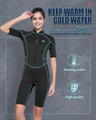 Vista 2 de Traje de neopreno corto para mujer, de 3 mm con cremallera frontal para buceo, snorkel, surf, natación