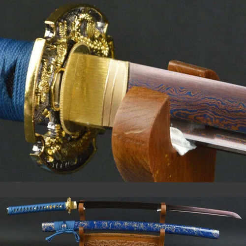 Vista 15 de Espada Katana de combate real hecha a mano, espada samurái afilada de espiga completa, acero de Damasco, acero 1095, cuchillos de acero templado T10