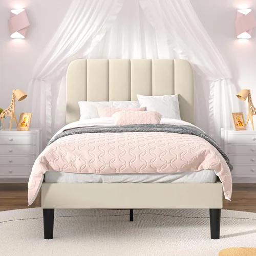 Vista 29 de VECELO Base de cama tapizada de tamaño matrimonial con 4 cajones y cabecero, plataforma de terciopelo, soporte de listones de madera, no necesita