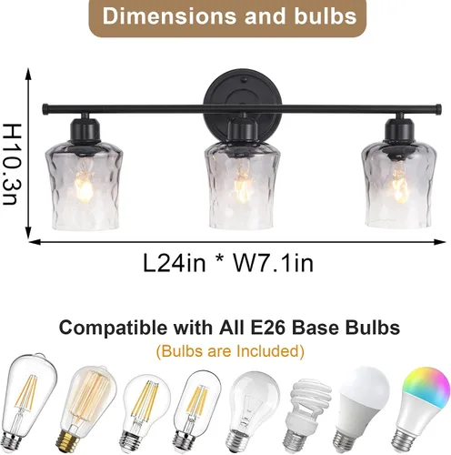 Vista 4 de Lámpara de baño de 3 luces, lámpara de tocador negra mate con pantalla de vidrio gris, moderna lámpara de pared de baño E26 para sobre espejo