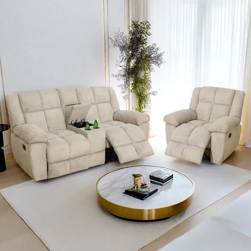 Vista 10 de Juego de sofá reclinable para muebles de sala de estar, juego de sofá y silla reclinable de pana verde, tela manual, sofá reclinable de 3 plazas