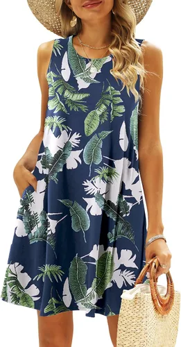 Vista 85 de SimpleFun - Vestidos de verano para mujer, camiseta floral, vestido de playa de estilo bohemio, informal, con bolsillos y sin mangas